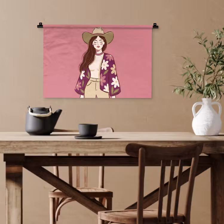 Vrouw - Hoed - Portret - Illustratie - Roze Wandkleed katoen klein -sfeer6