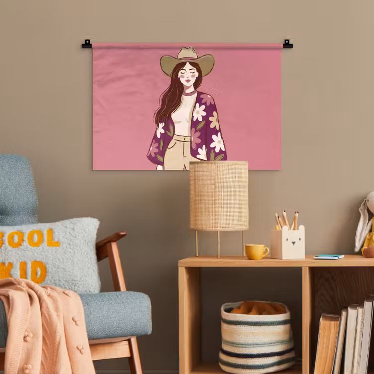 Vrouw - Hoed - Portret - Illustratie - Roze Wandkleed katoen klein -wsfeer4_kind