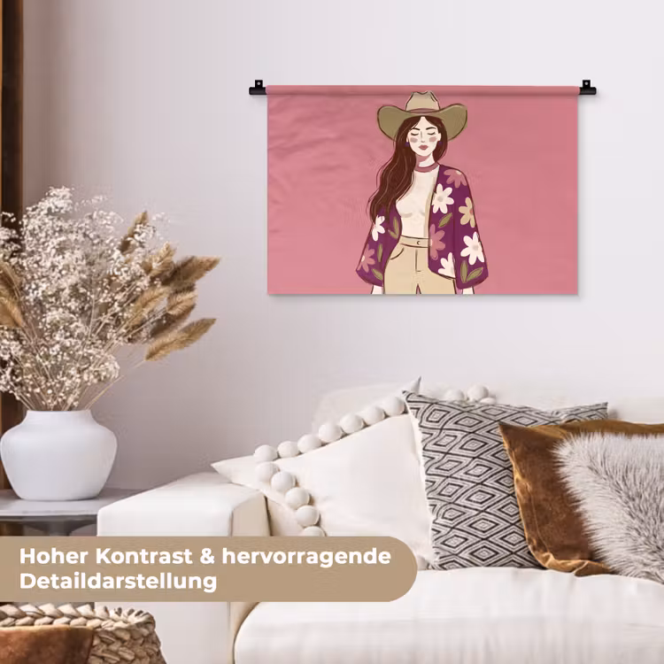 Vrouw - Hoed - Portret - Illustratie - Roze Wandkleed katoen klein -tsfeer1_DE
