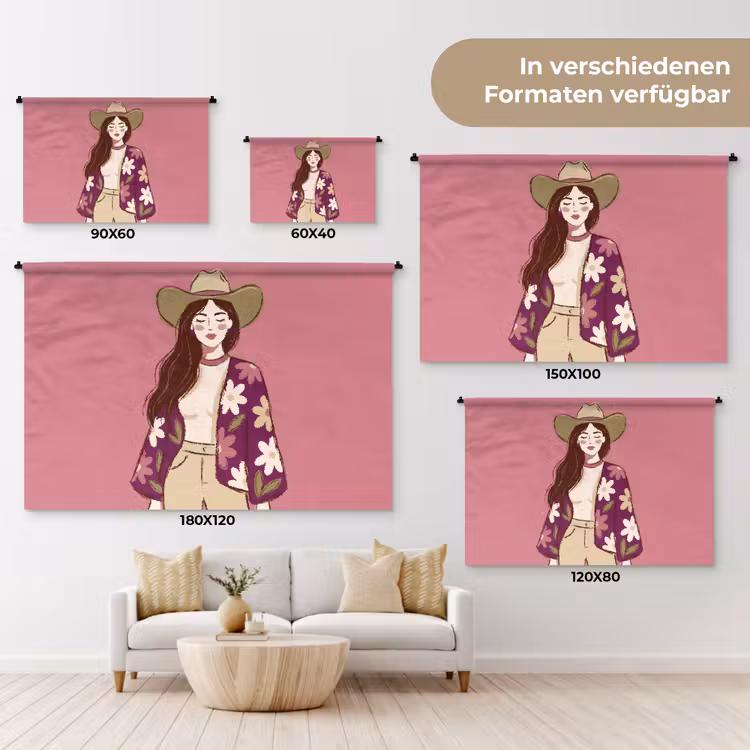 Vrouw - Hoed - Portret - Illustratie - Roze Wandkleed katoen klein -tsfeer8_DE