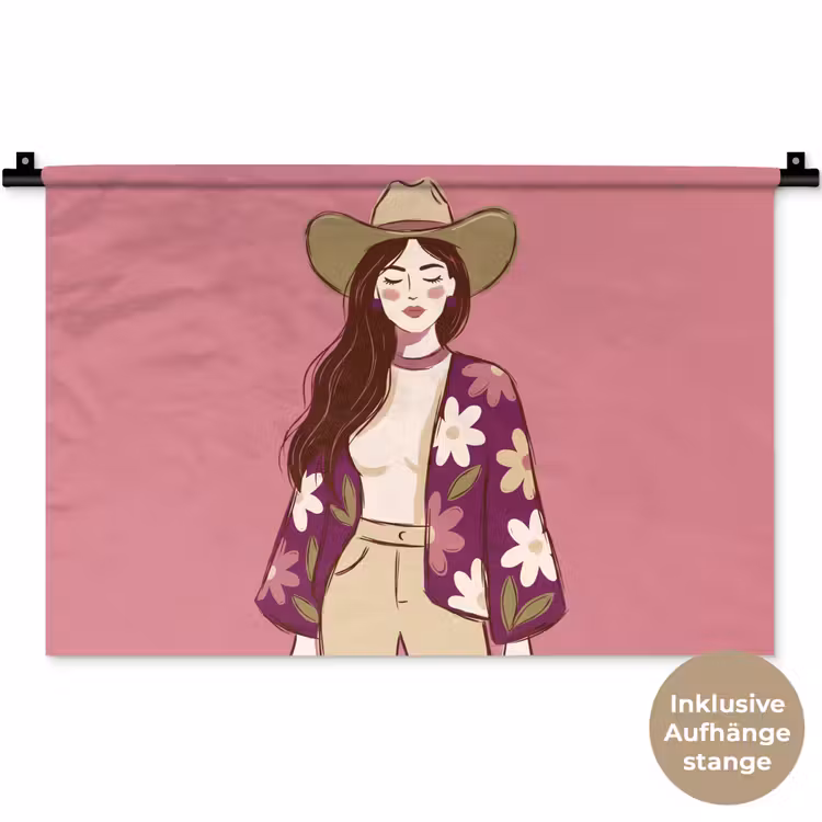 Vrouw - Hoed - Portret - Illustratie - Roze Wandkleed katoen klein -t3d_DE