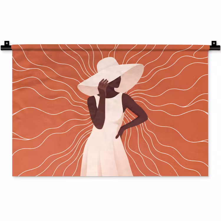 Vrouw - Hoed - Portret - Modern - Beige Wandkleed katoen klein -zz3d