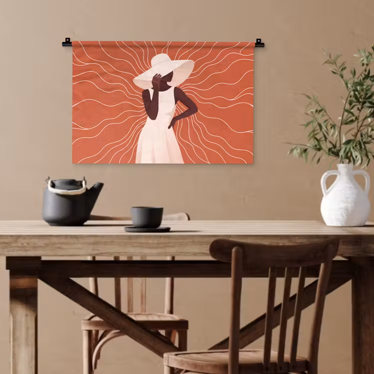 Vrouw - Hoed - Portret - Modern - Beige Wandkleed katoen klein -sfeer6