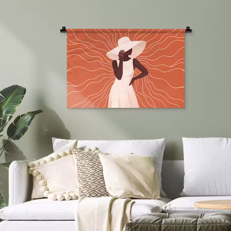 Vrouw - Hoed - Portret - Modern - Beige Wandkleed katoen klein -sfeer7