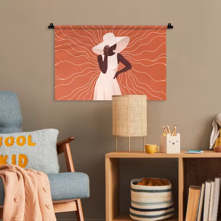 Vrouw - Hoed - Portret - Modern - Beige Wandkleed katoen klein -wsfeer4_kind