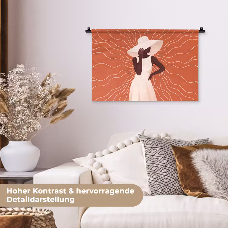 Vrouw - Hoed - Portret - Modern - Beige Wandkleed katoen klein -tsfeer1_DE