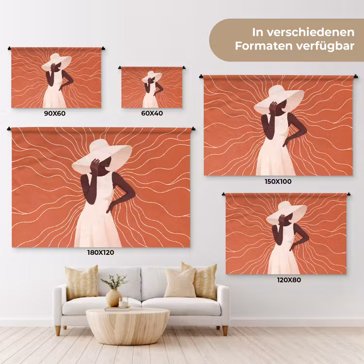 Vrouw - Hoed - Portret - Modern - Beige Wandkleed katoen klein -tsfeer8_DE