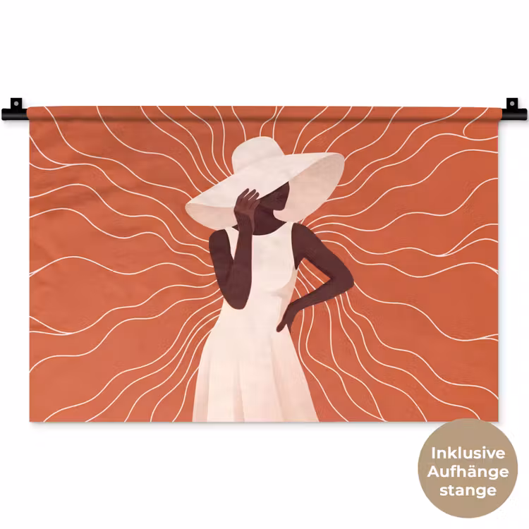 Vrouw - Hoed - Portret - Modern - Beige Wandkleed katoen klein -t3d_DE