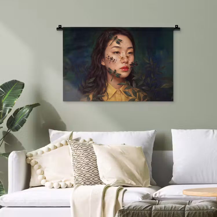 Vrouw - Insecten - Natuur - Portret - Groen Wandkleed katoen klein -sfeer7