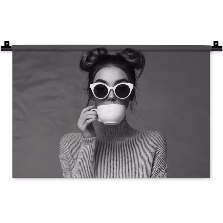 Vrouw - Koffie - Zwart - Wit Wandkleed katoen klein -zz3d