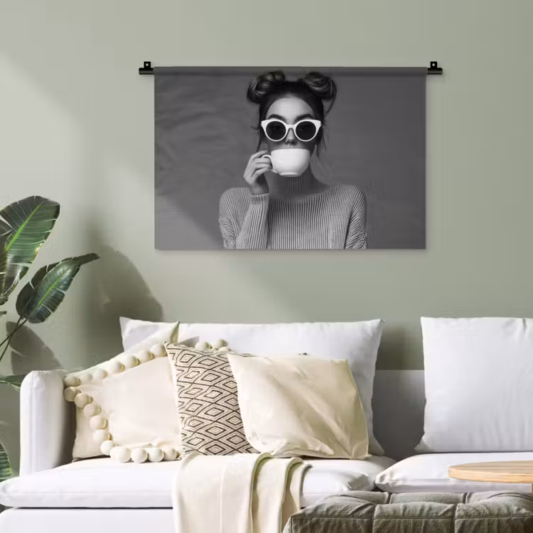 Vrouw - Koffie - Zwart - Wit Wandkleed katoen klein -sfeer7