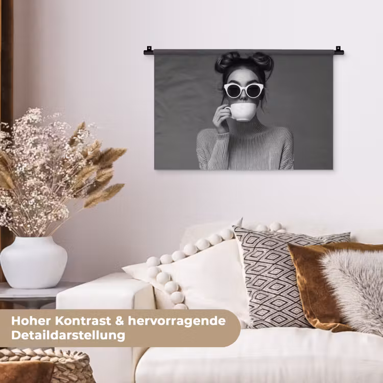 Vrouw - Koffie - Zwart - Wit Wandkleed katoen klein -tsfeer1_DE