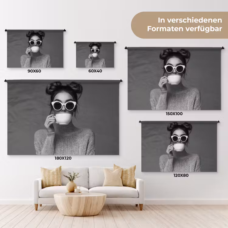 Vrouw - Koffie - Zwart - Wit Wandkleed katoen klein -tsfeer8_DE