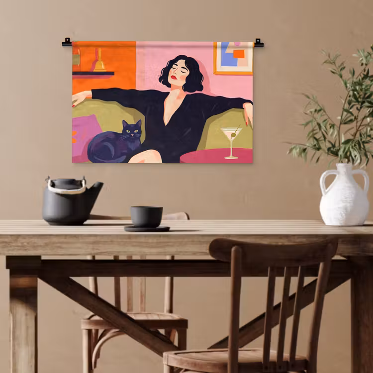 Vrouw - Kat - Interieur - Modern - Kleurrijk Wandkleed katoen klein -sfeer6