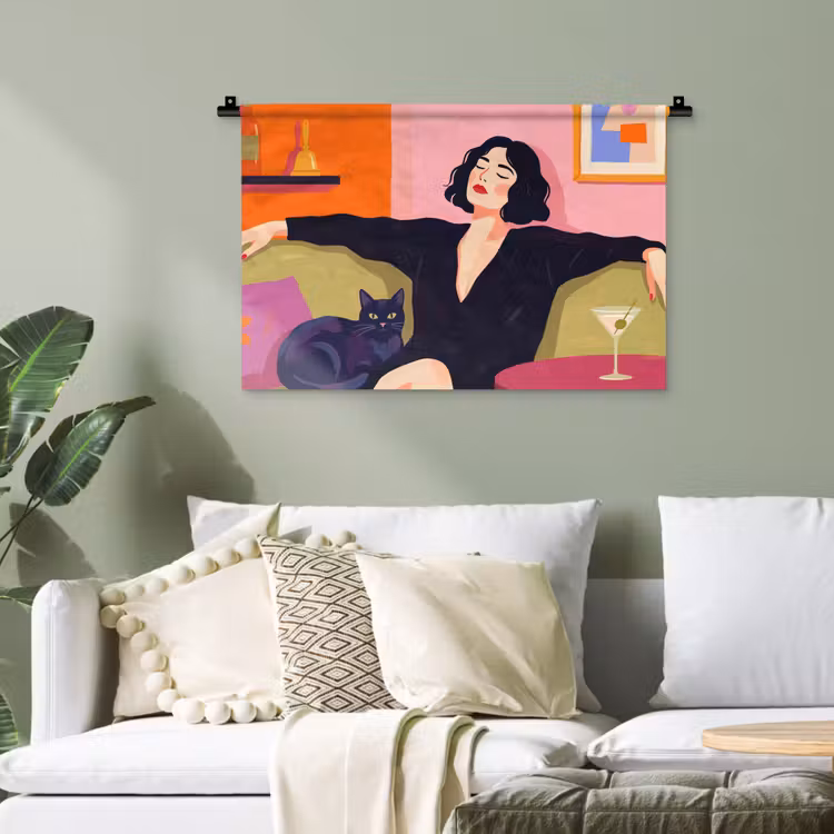 Vrouw - Kat - Interieur - Modern - Kleurrijk Wandkleed katoen klein -sfeer7