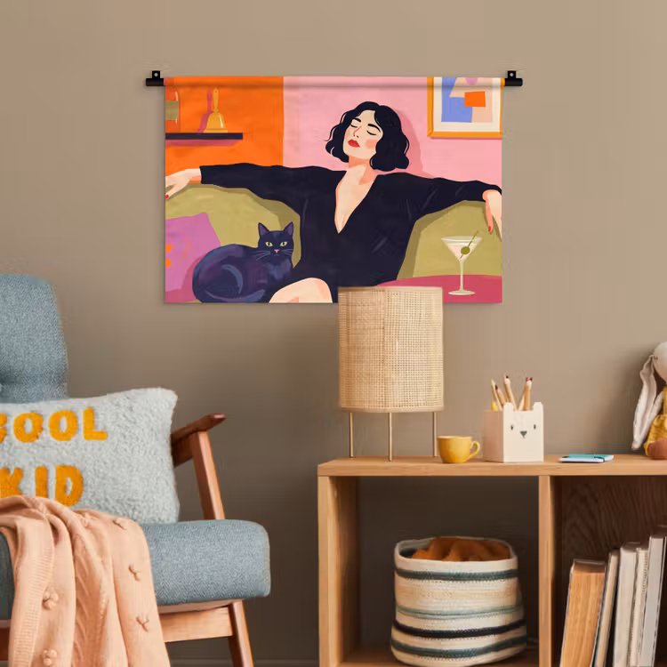 Vrouw - Kat - Interieur - Modern - Kleurrijk Wandkleed katoen klein -wsfeer4_kind