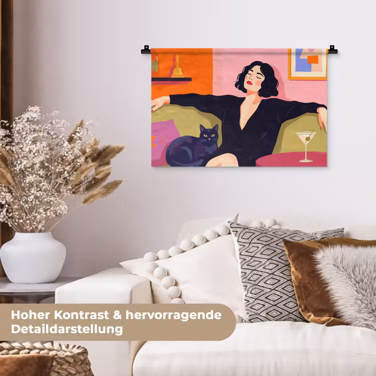 Vrouw - Kat - Interieur - Modern - Kleurrijk Wandkleed katoen klein -tsfeer1_DE