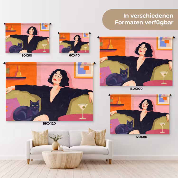 Vrouw - Kat - Interieur - Modern - Kleurrijk Wandkleed katoen klein -tsfeer8_DE