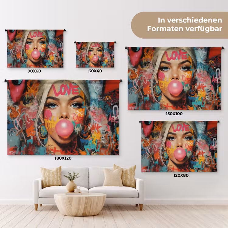 Vrouw - Kauwgom - Graffiti - Love Wandkleed katoen klein -tsfeer8_DE