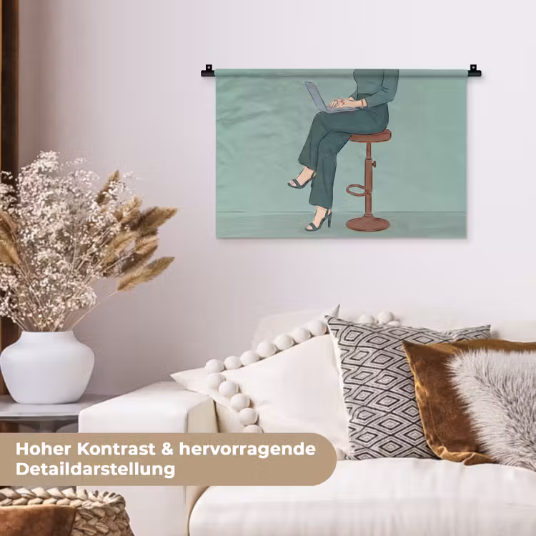 Vrouw - Laptop - Zittend - Illustratie - Groen Wandkleed katoen klein -tsfeer1_DE
