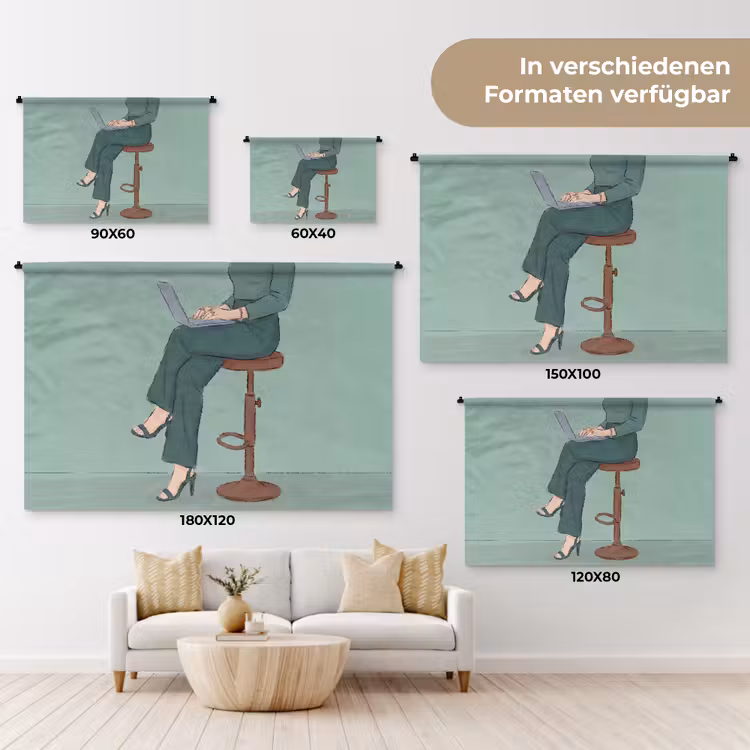 Vrouw - Laptop - Zittend - Illustratie - Groen Wandkleed katoen klein -tsfeer8_DE