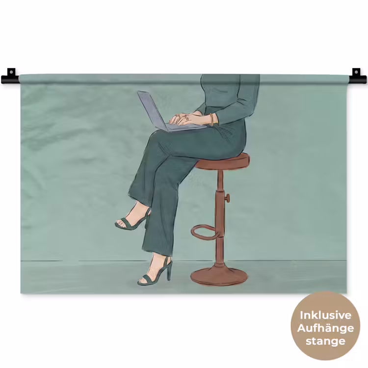 Vrouw - Laptop - Zittend - Illustratie - Groen Wandkleed katoen klein -t3d_DE