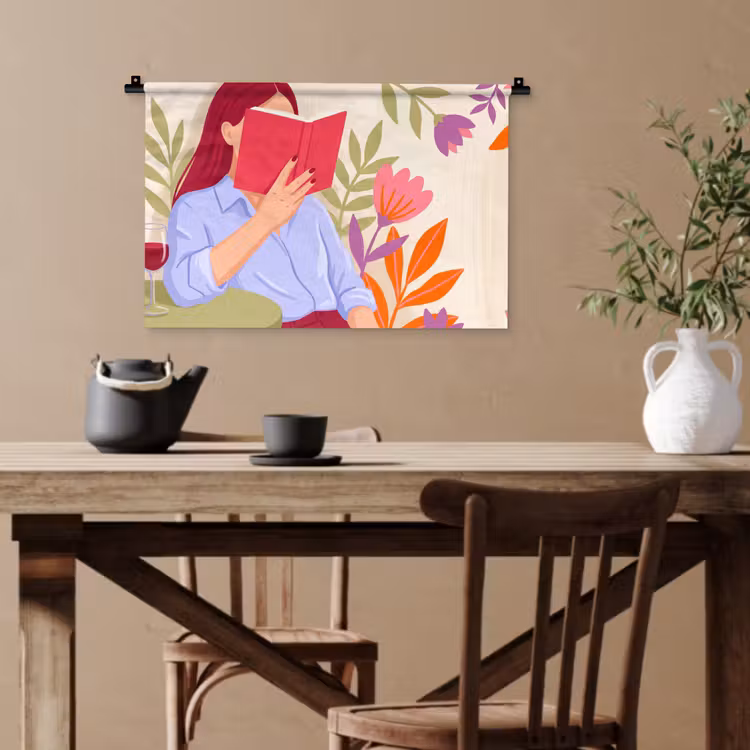 Vrouw - Lezen - Thuis - Modern - Bloemen Wandkleed katoen klein -sfeer6
