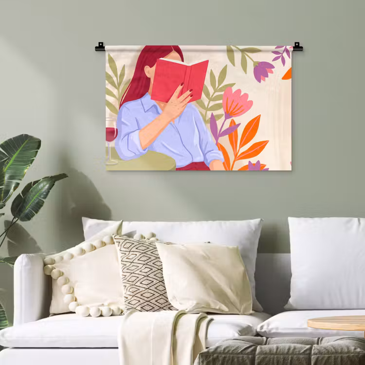 Vrouw - Lezen - Thuis - Modern - Bloemen Wandkleed katoen klein -sfeer7