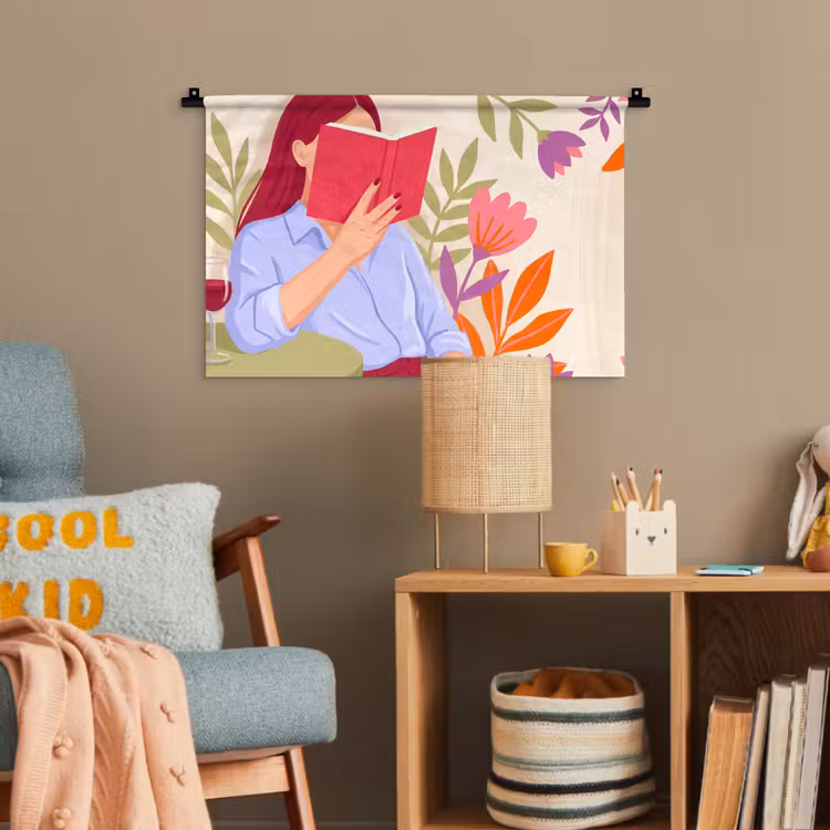 Vrouw - Lezen - Thuis - Modern - Bloemen Wandkleed katoen klein -wsfeer4_kind