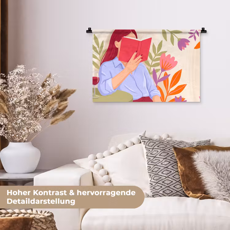 Vrouw - Lezen - Thuis - Modern - Bloemen Wandkleed katoen klein -tsfeer1_DE