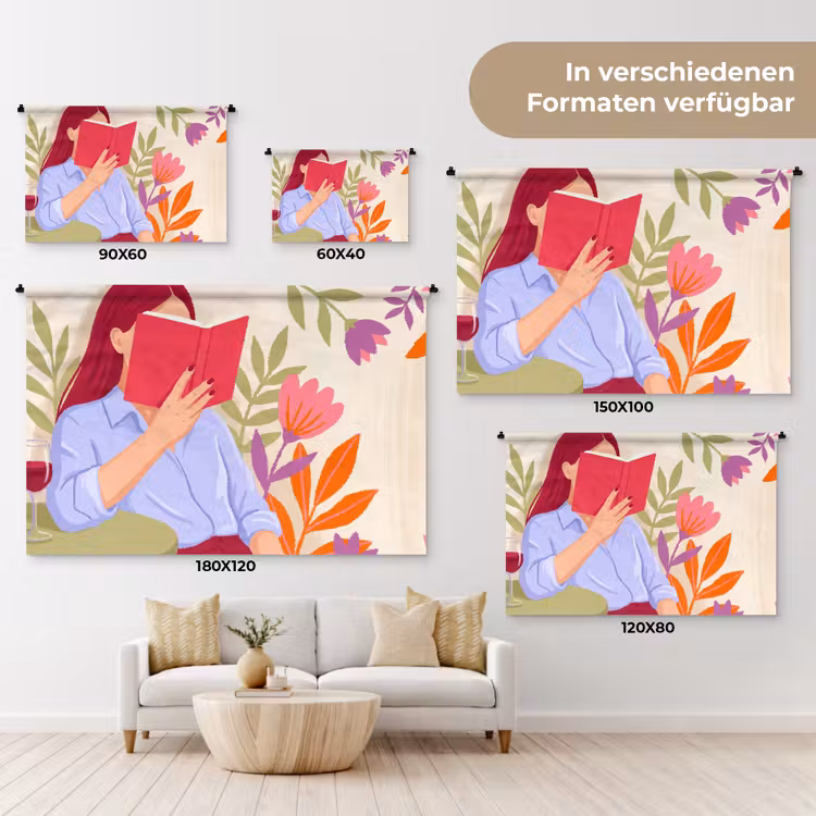 Vrouw - Lezen - Thuis - Modern - Bloemen Wandkleed katoen klein -tsfeer8_DE