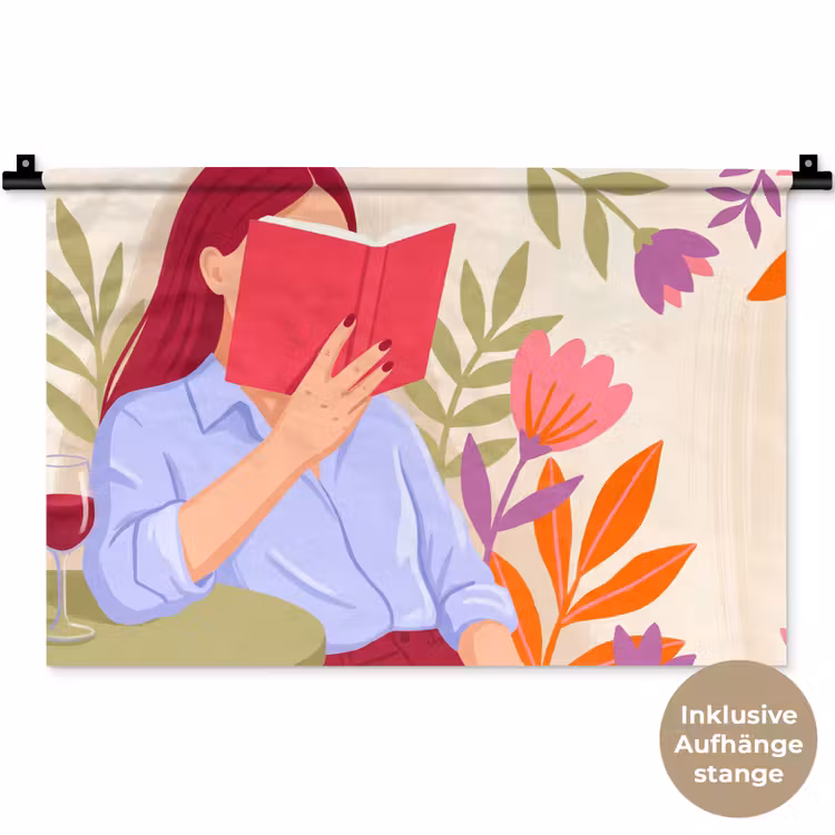 Vrouw - Lezen - Thuis - Modern - Bloemen Wandkleed katoen klein -t3d_DE