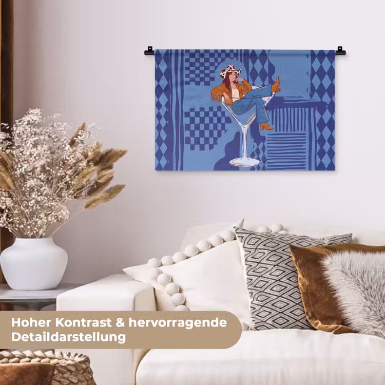 Vrouw - Martini glas - Abstract - Blauw - Kunst Wandkleed katoen klein -tsfeer1_DE