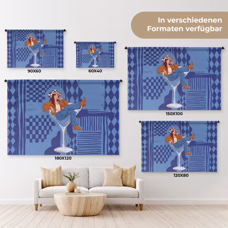 Vrouw - Martini glas - Abstract - Blauw - Kunst Wandkleed katoen klein -tsfeer8_DE