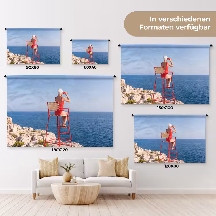 Vrouw - Zee - Kust - Verrekijker - Rood Wandkleed katoen klein -tsfeer8_DE