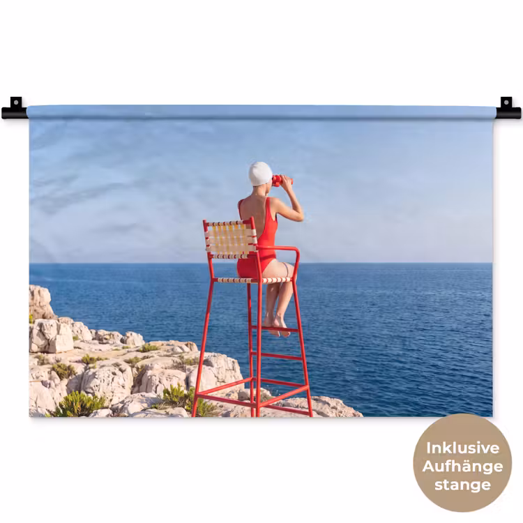 Vrouw - Zee - Kust - Verrekijker - Rood Wandkleed katoen klein -t3d_DE