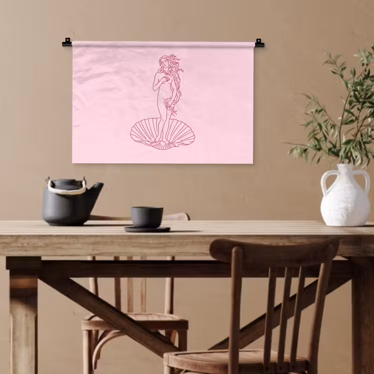 Vrouw - Schelp - Kunst - Lijntekening - Roze Wandkleed katoen klein -sfeer6