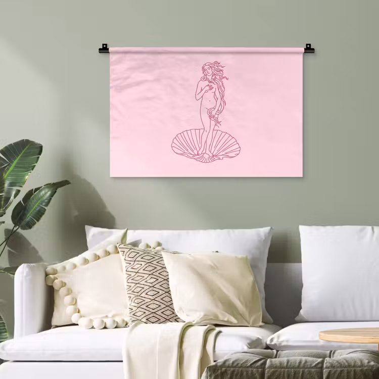Vrouw - Schelp - Kunst - Lijntekening - Roze Wandkleed katoen klein -sfeer7