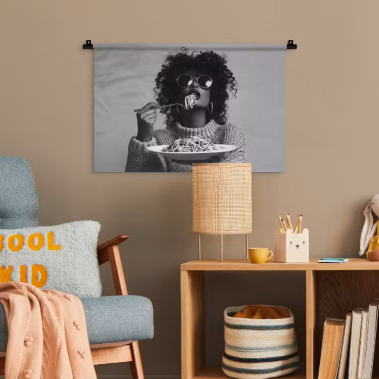 Vrouw - Pasta - Zwart - Wit Wandkleed katoen klein -wsfeer4_kind