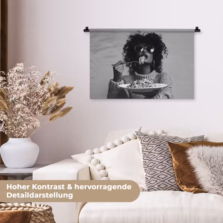 Vrouw - Pasta - Zwart - Wit Wandkleed katoen klein -tsfeer1_DE
