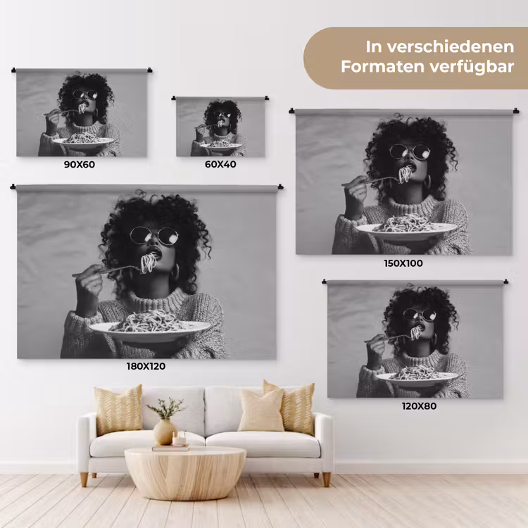 Vrouw - Pasta - Zwart - Wit Wandkleed katoen klein -tsfeer8_DE