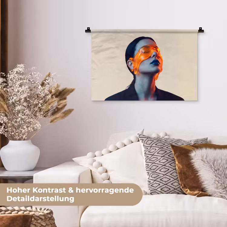 Vrouw - Oranje - Abstract - Modern - Kleurrijk Wandkleed katoen klein -tsfeer1_DE