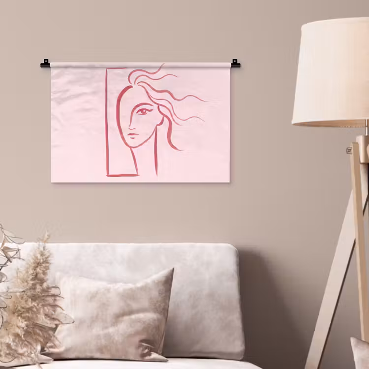 Vrouw - Portret - Abstract - Lijnkunst - Rood Wandkleed katoen klein -sfeer4