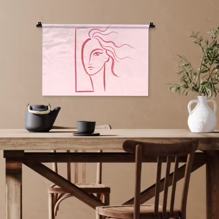 Vrouw - Portret - Abstract - Lijnkunst - Rood Wandkleed katoen klein -sfeer6