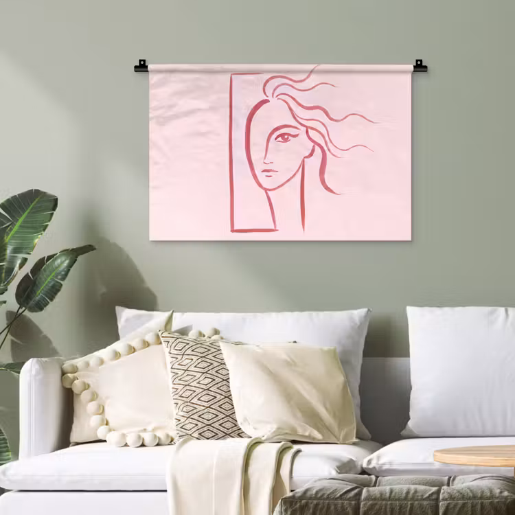 Vrouw - Portret - Abstract - Lijnkunst - Rood Wandkleed katoen klein -sfeer7