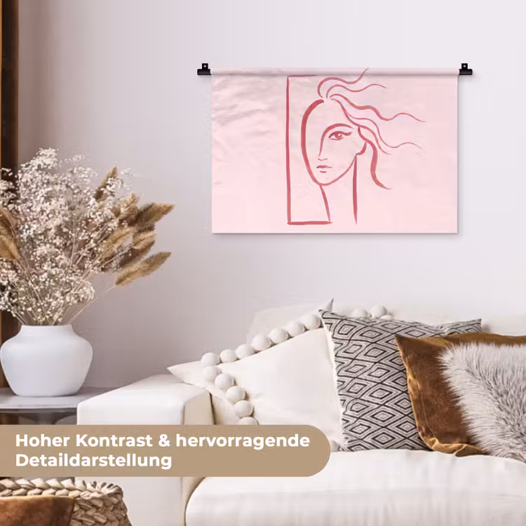 Vrouw - Portret - Abstract - Lijnkunst - Rood Wandkleed katoen klein -tsfeer1_DE