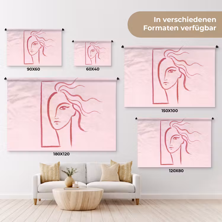 Vrouw - Portret - Abstract - Lijnkunst - Rood Wandkleed katoen klein -tsfeer8_DE