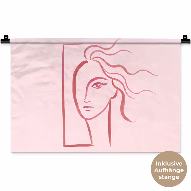Vrouw - Portret - Abstract - Lijnkunst - Rood Wandkleed katoen klein -t3d_DE