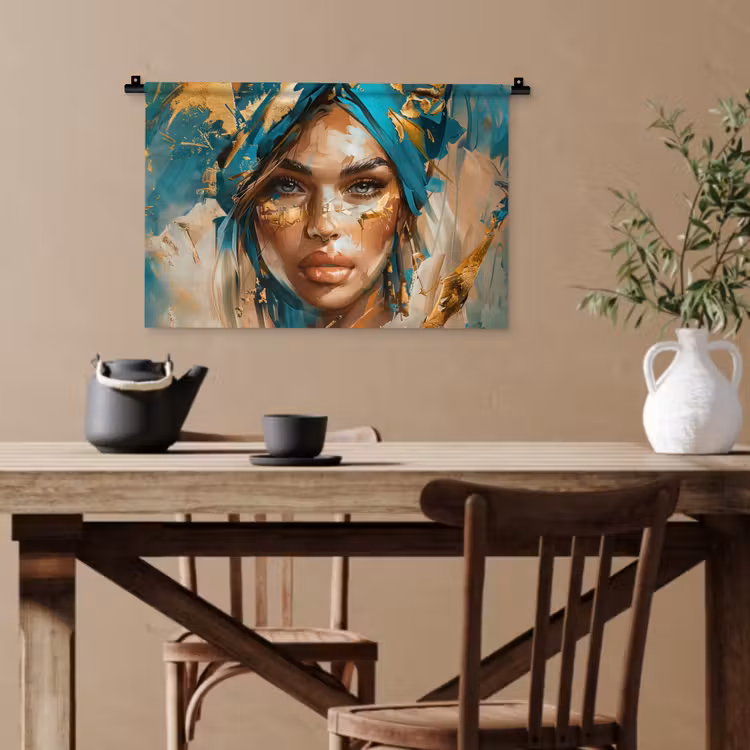 Vrouw - Portret - Goud - Luxe - Blauw Wandkleed katoen klein -sfeer6
