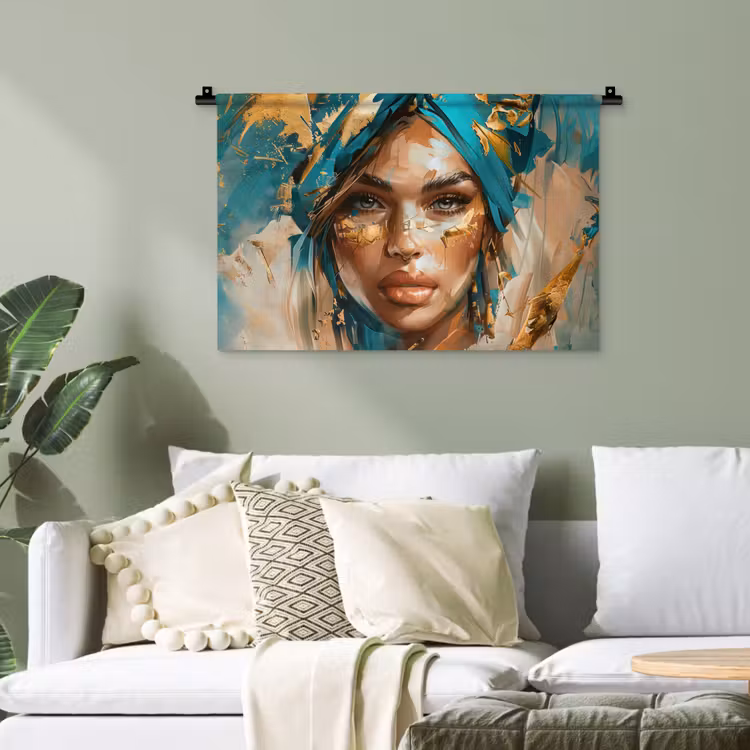 Vrouw - Portret - Goud - Luxe - Blauw Wandkleed katoen klein -sfeer7